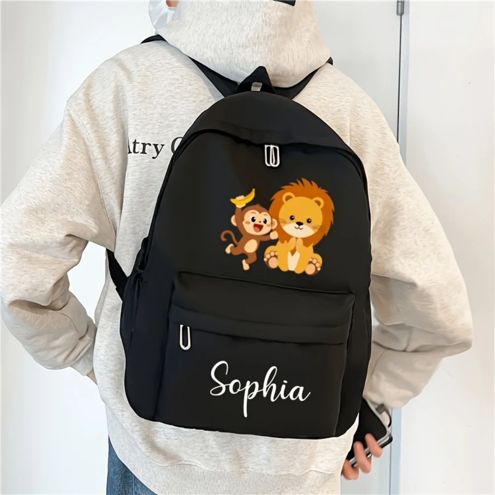 Custom Kids Backpack Personalized Name Lion Monkey Cartoon Children School Bag with Front Zipper Pocket Adjustable Strap