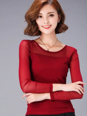 Spring 2025 Women's Pure Color Elastic Long Sve Lace irt Breathable Me Base Top Versatile Sle High Elastici round ...