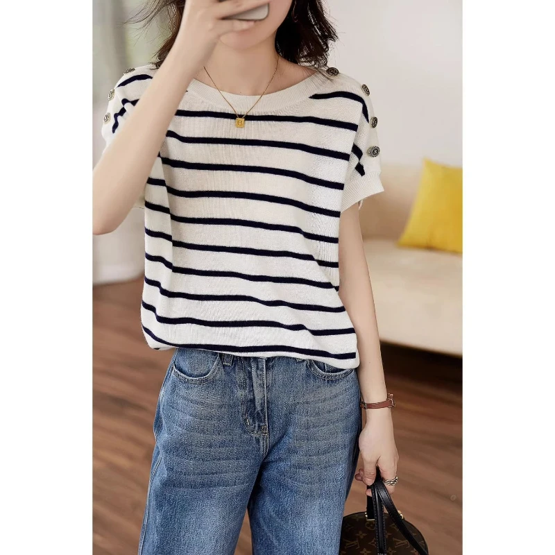 

Vintage Round Neck Women Striped T Shirt Summer Female Short Sleeve Tees Casual Loose Soft Tops Oversized Pullover Tees Q906