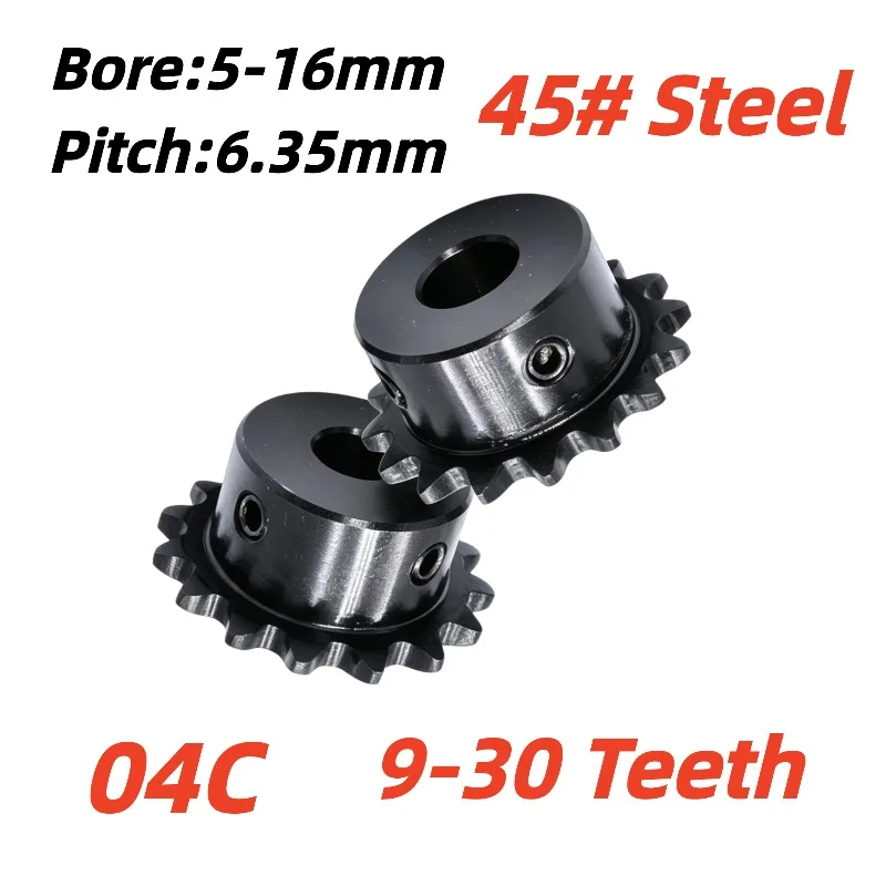 1PC 04C Roue à chaîne industrielle 9-30 dents 45 #   Pignon de chaîne en acier noir, pas de chaîne 6,35 mm, alésage 5/6/7/8/10/12/14/15/16 mm