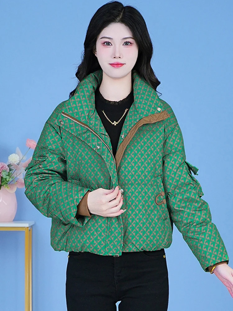 

Женская укороченная куртка из хлопка в клетку с воротником-стойкой, новинка зимы 2026, свободный крой, модное хлопковое пальто, верхняя одежда