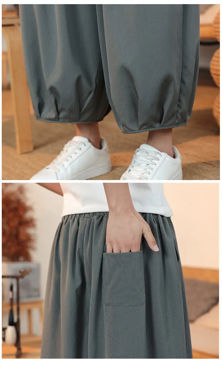 Sommerliche, atmungsaktive Sweatshirt-Hose für Herren, Eisseide, Leinenimitat, lockere, lässige, coole, kurze Hose im chinesischen Stil – Detail 14