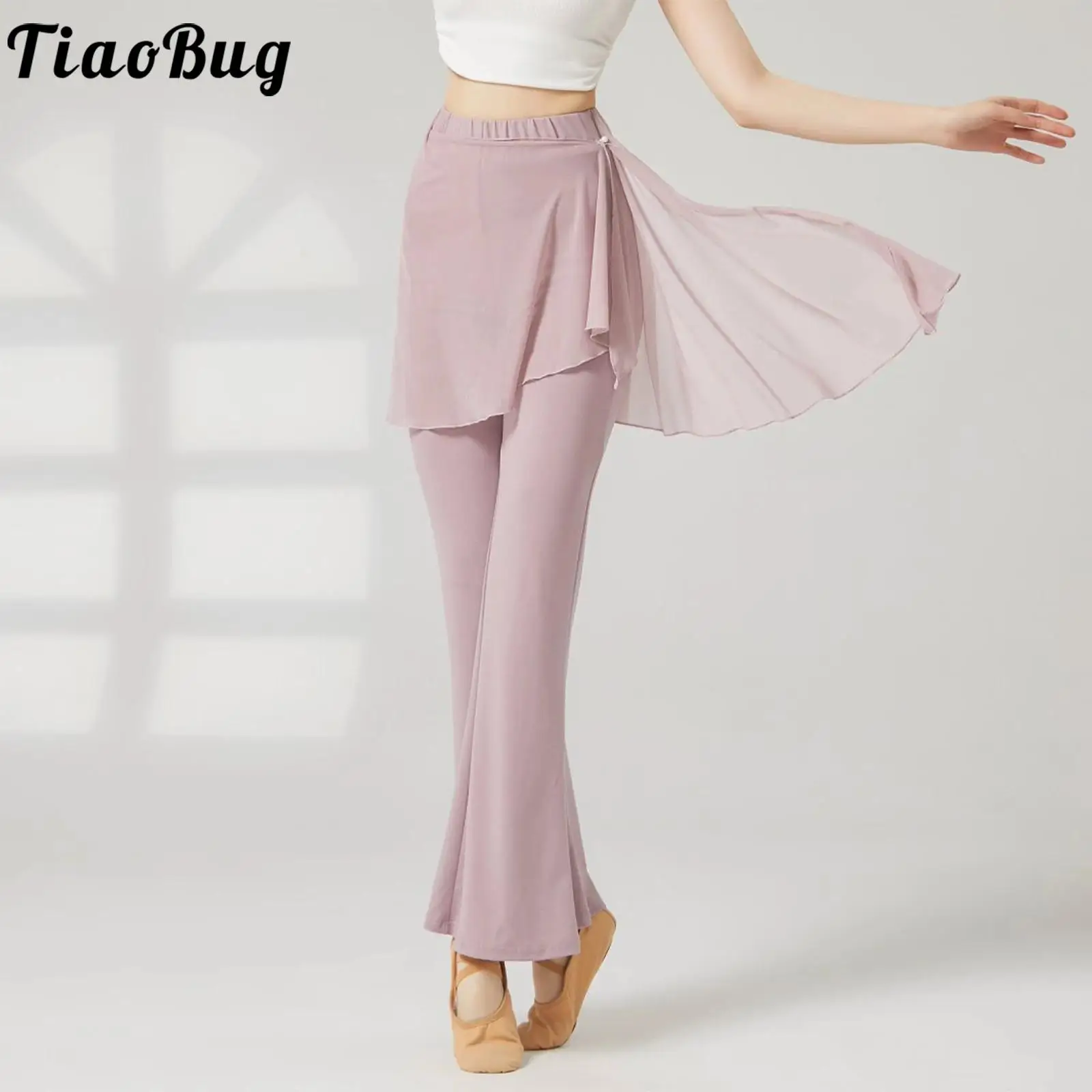 

Women Dance Pants Fake two-piece Flared Long Pants with Overlay Hip Wrap Dance Costume for Lyrical Modern Dance Ballet Dancewear