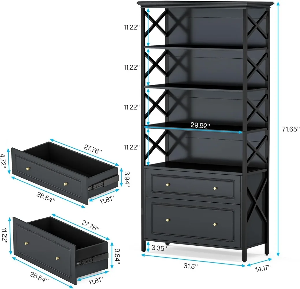 6-Tier Bookcase with 2 Drawers, Tall Narrow Bookshelf with 1 File Drawer, Modern Bookshelf Heavy Duty Display Rack