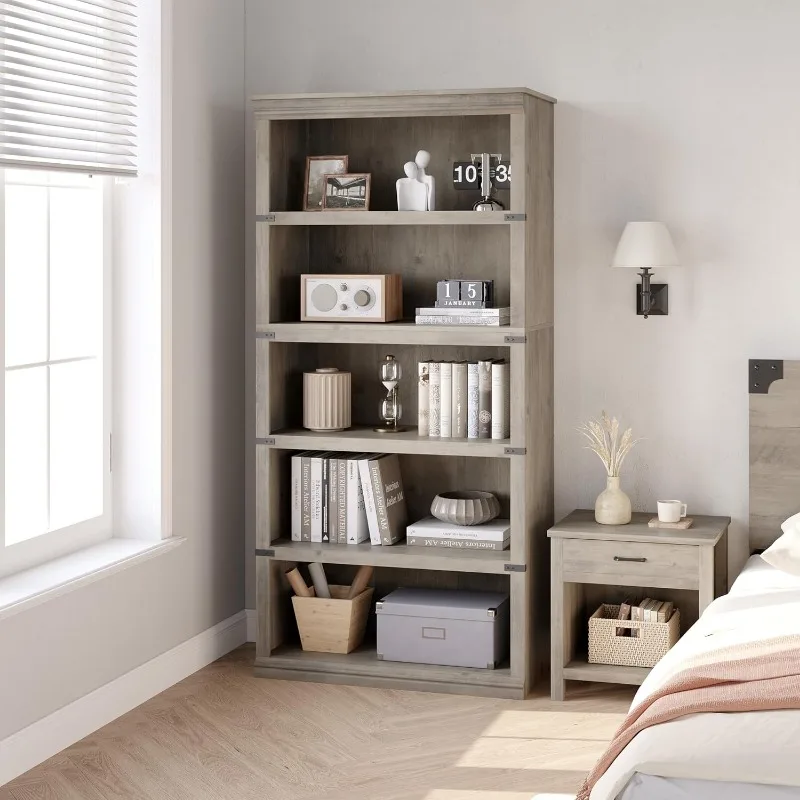 5-story bookshelf, Farmhouse bookshelf, 71 "high Bookshelf Wooden 5-story bookshelf (gray, 67.4" high x 31.5 "wide x 12.8" deep)