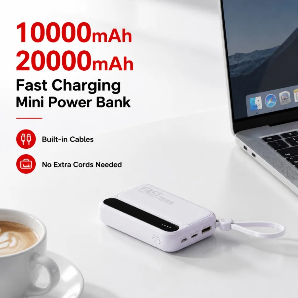 20000mAh Built-in Cable Power Bank, Fast Charging Mini Charger for iPhone Samsung Android, USB C Travel Battery (10000mAh)