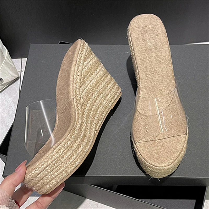 Eilyken Design Style Hemp Weave Open Toe Platform Wedges Women Slippers Summer PVC Transparent High Heels Slide Shoes view 5