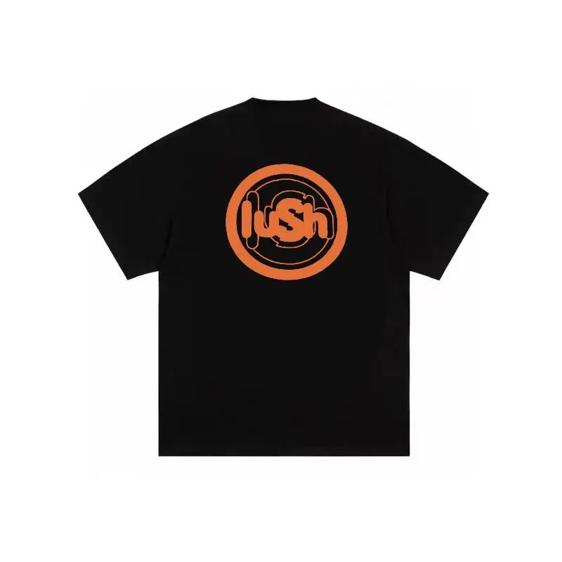 

Lush 2025summer Men's Cotton T - Shirt Black Loose Fit Street Style with Orange Circle Logo Design Suitable for Casual Summer