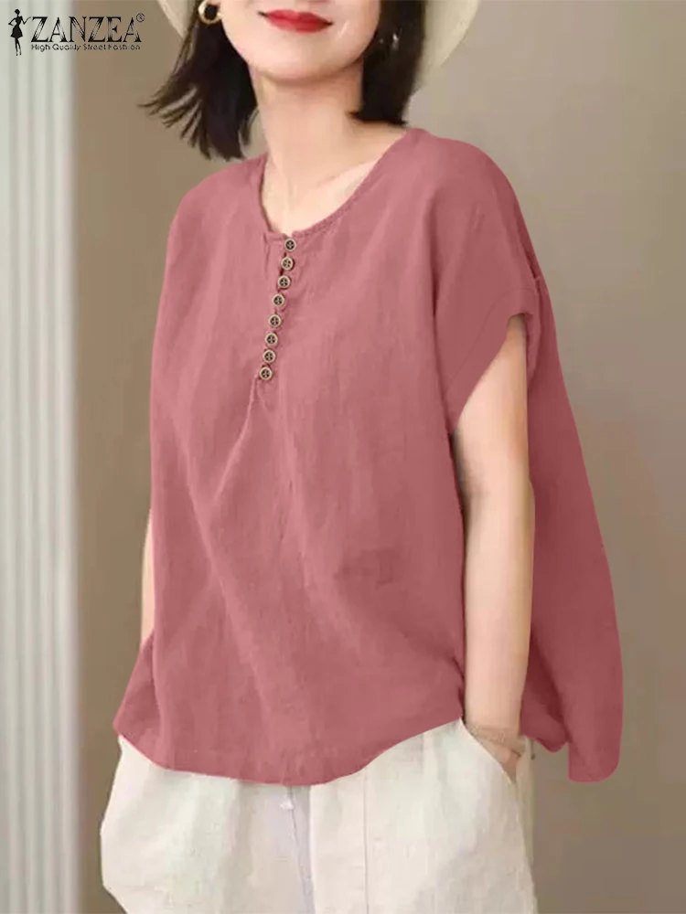 

Vintage Blouse Solid Color Tops Women Casual Short Sleeve Tunic 2025 ZANZEA Summer Loose O-Neck Pullover Oversized Blusas