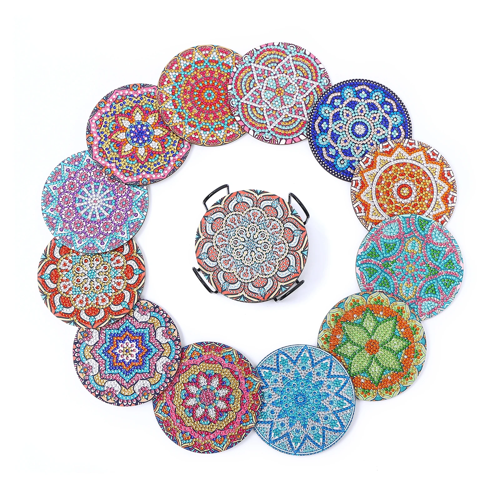 12 Pieces of round Mandala Pattern Artificial Diamond Painted Wooden Wooden Table Art Coaster with Bracket