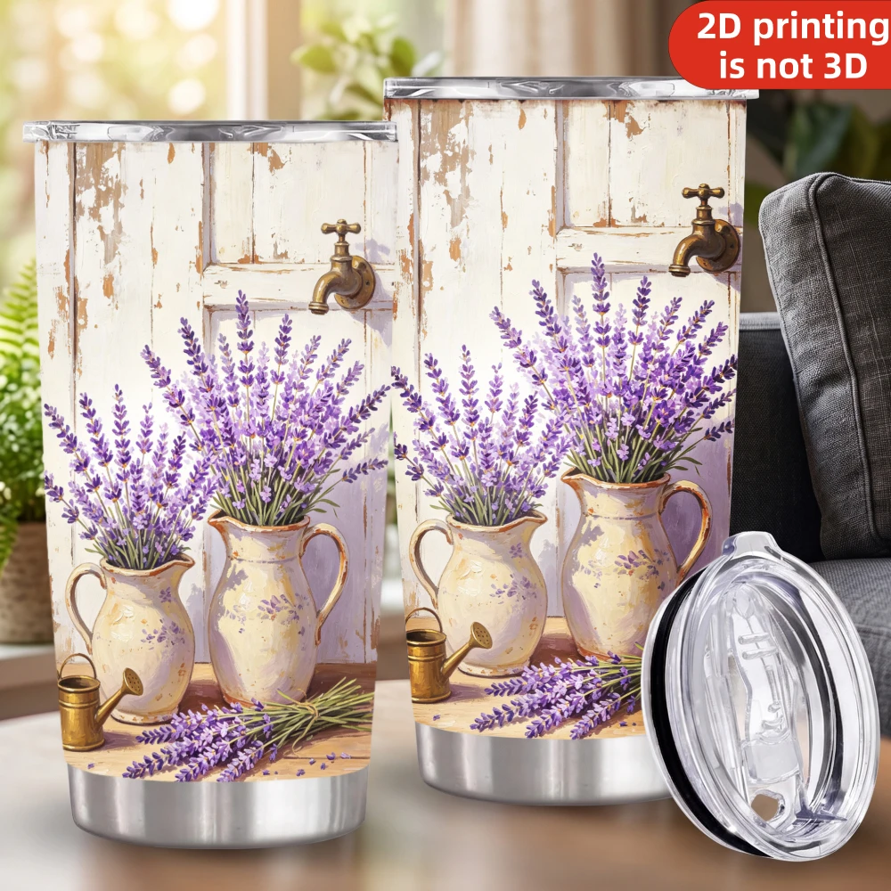 20oz French Country Lavender Pitcher Printed Stainless Steel Tumbler with Lid and Straw, Vintage Rustic White Wood Purple Floral Cottagecore Vacuum Insulated Travel Coffee Mug Gifts