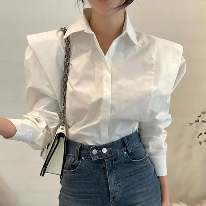 Elegant Fashion Harajuku Slim Fit Female Clothes Casual All Match Tops Women Solid Lapel Collar Patchwork Long Sleeve Blusa