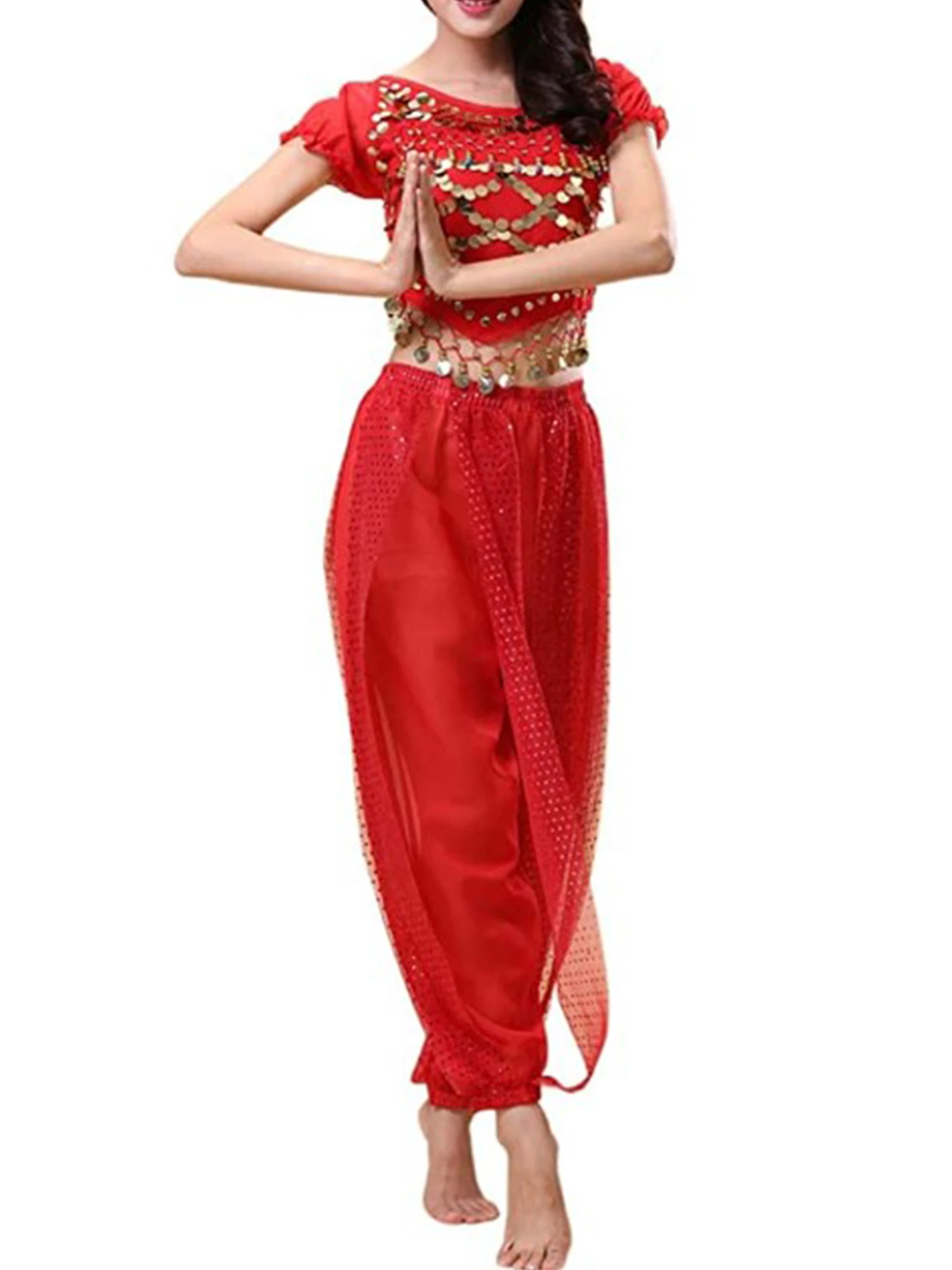 Women Ladies Bollywood Belly Dance Costumes India Arabian Stage Coins Lace-up Back Top Harem Pants Halloween Costume Cosplay