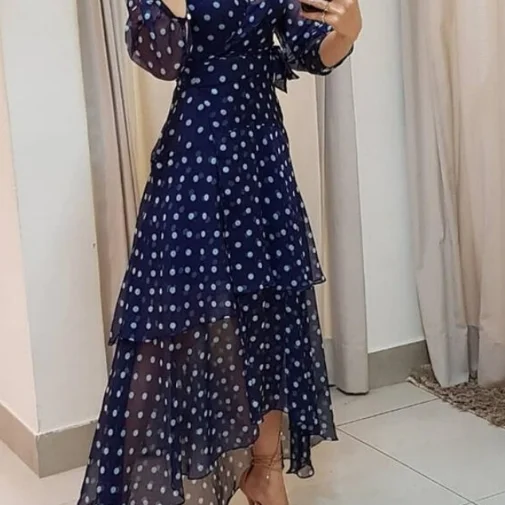 Women\'s Dress Elegant Fresh Sweet Polka Dot Print Asymmetrical Layered V-neck Long Sleeve Tie Details High Waist Slim Maxi Dress
