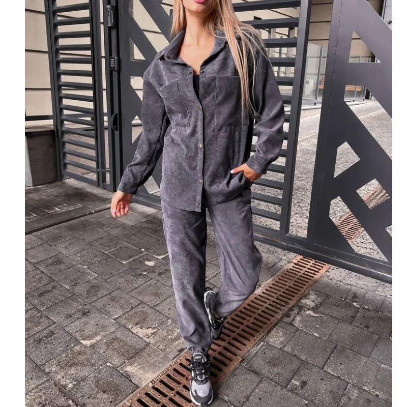 European and American women\'s suit 2024 autumn new fashion corduroy warm satin velvet metal button long-sleeved shirt calf pants