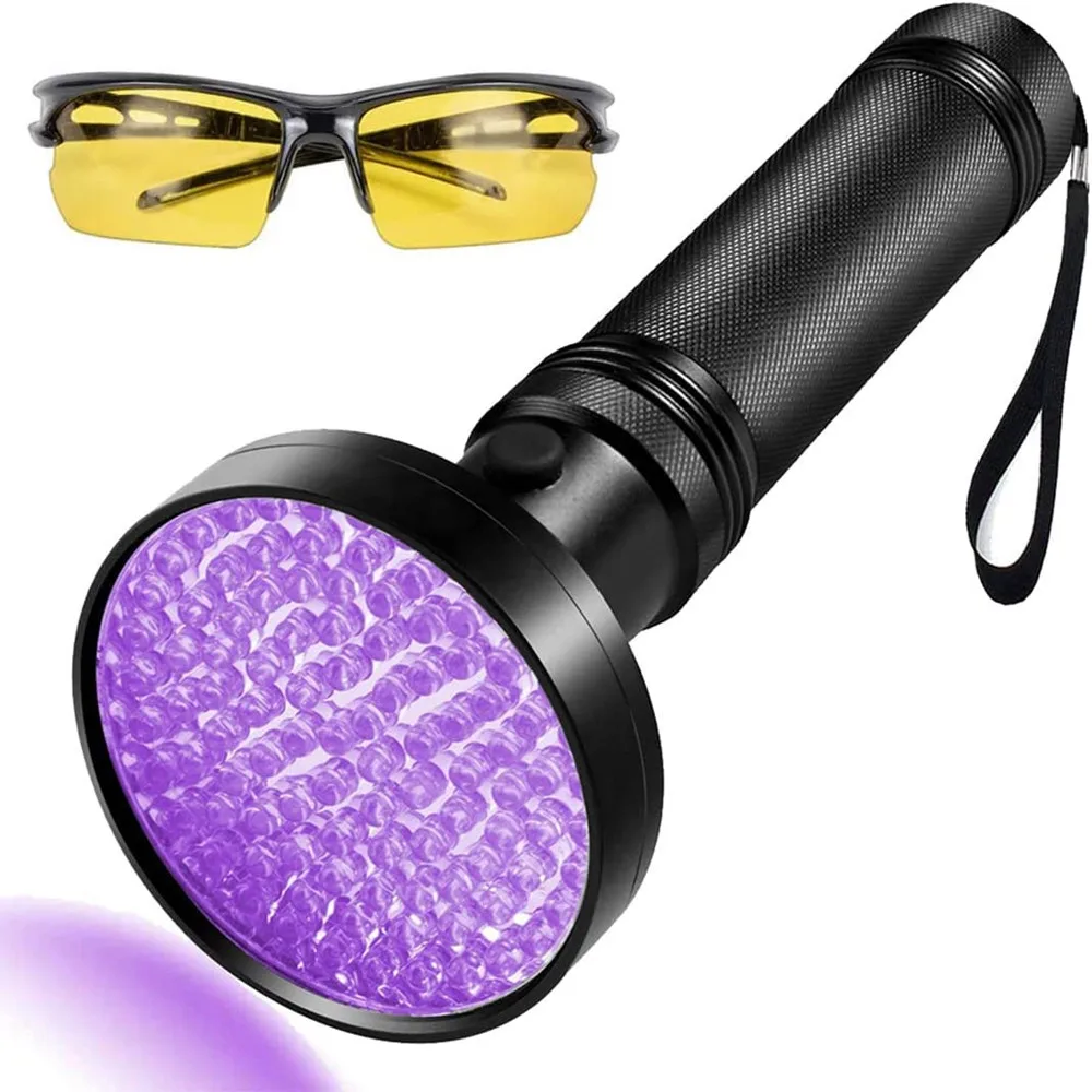 UV Flashlight 100LEDs LGUIY UV Light Torch Lamp 395nm Ultraviolet Blacklight Pet Dog Cat Bug Detector with UV Protection Glasses