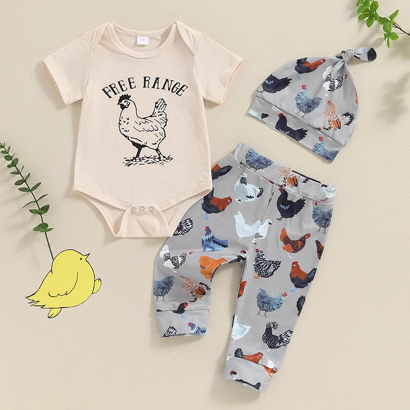 

2024-04-19 Lioraitiin 0-12M Summer Baby Boys Outfit Hen Print Short Sleeve Romper with Pants and Hat Infant Clothes