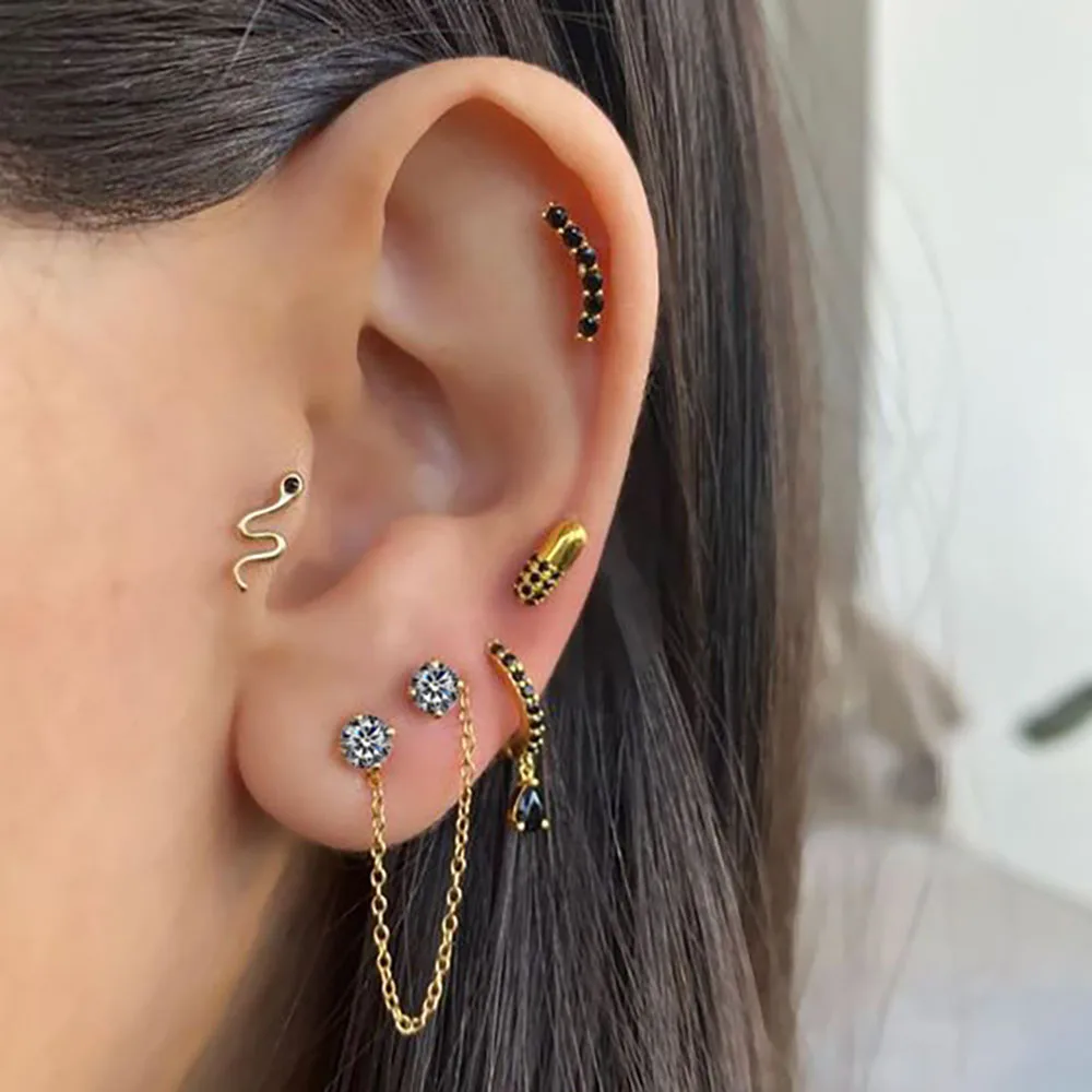 1PC Stainless Steel Piercing Ear Studs Earrings Dangle Cz Ear Chain Cartilage Helix Conch Tragus Piercing Lobe Piercing Jewelry