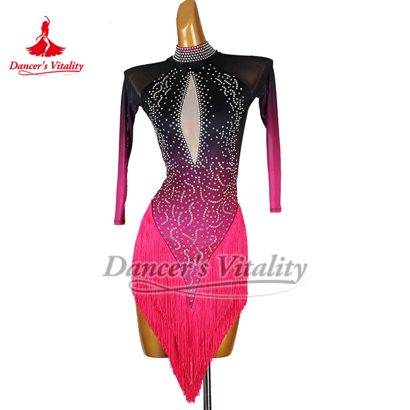 Black and Rose Gradient Color Latin Dance High-necked Luxurious AB Stones Dresses Adult and Child Chacha Samba Clothes Customize
