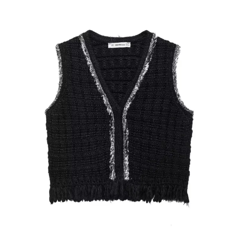 TRAF Hairy Vest Style Knitted Tank Top Women Autumn Fashion Patchwork Waistcoat Casual Tops Sleeveless High Street Female Tops