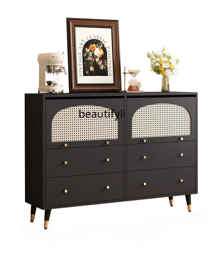 Black rattan dining side cabinet integrated French retro living room wall storage cabinet multi-functional locker