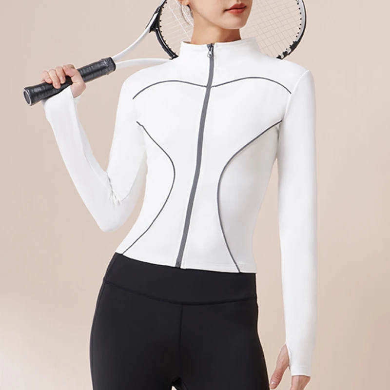 

Aiithuug Reflective Stripe Safe Night Run Yoga Jackets Thumbhole Slim Fit Yoga Jacket Long Sleeve Sports Jacket Gym Jacket Women