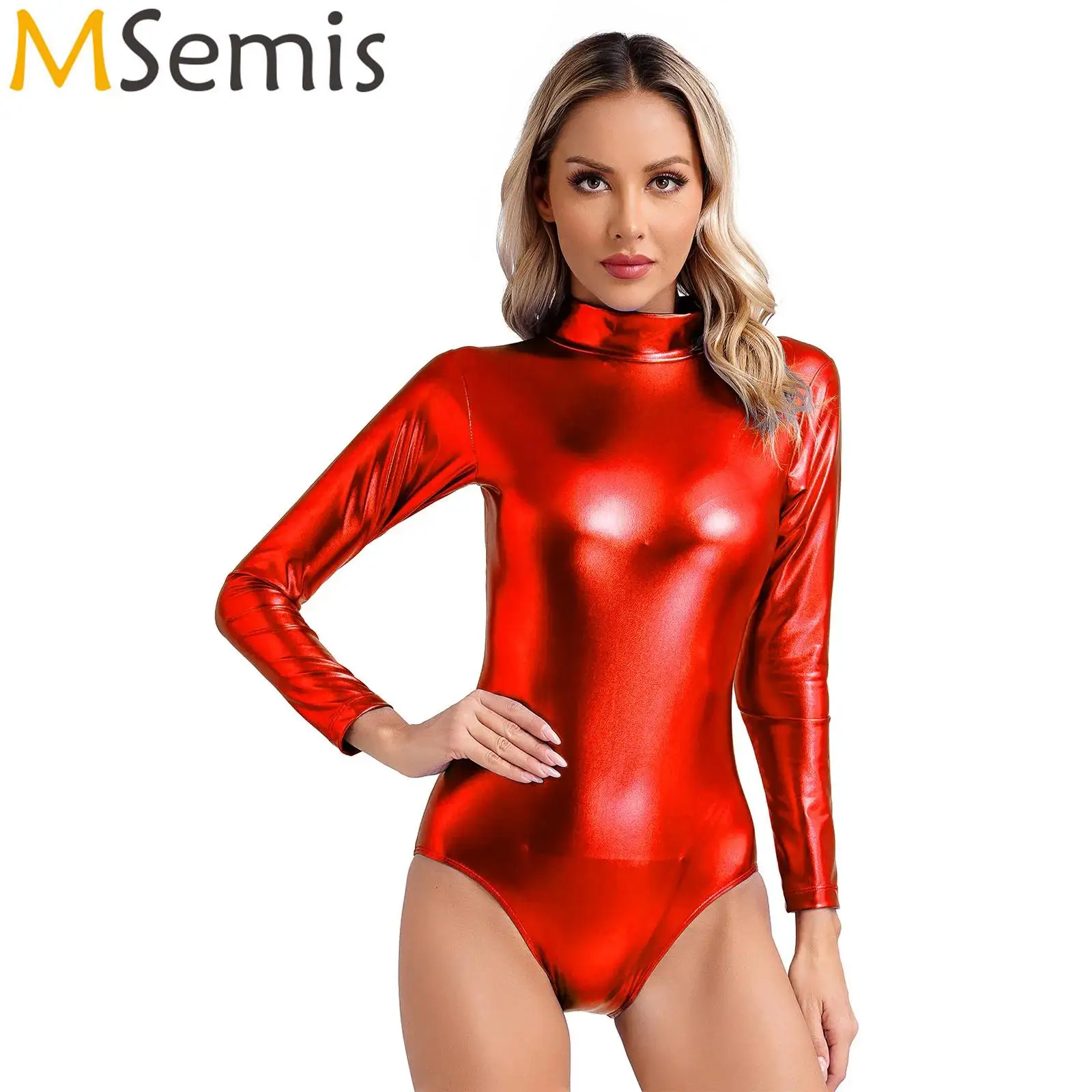 Womens Gymnatics Swimsuit for Ballet Dancing Long Sleeve Metallic Shiny Athletic Ballet Leotard Bodysuit Bodycon Yoga Jumpsuit