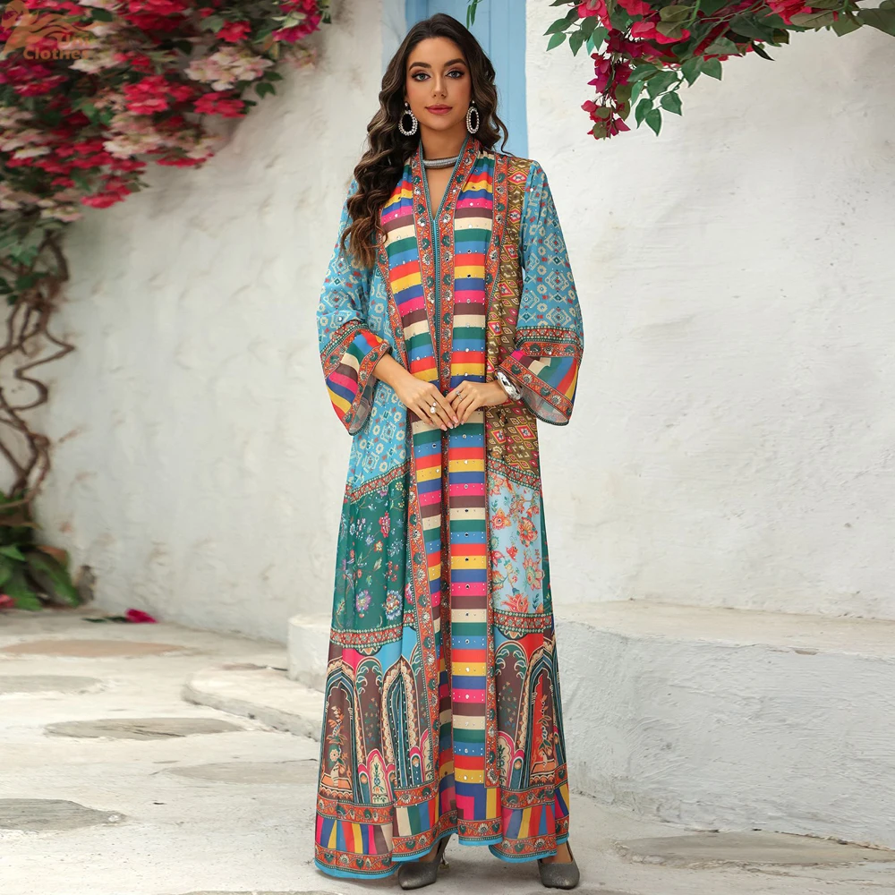 

2025 New Muslim Women's Floral Rhinestone Chiffon Plus Size Abaya Dress Dubai Middle Eastern Evening Party Gown