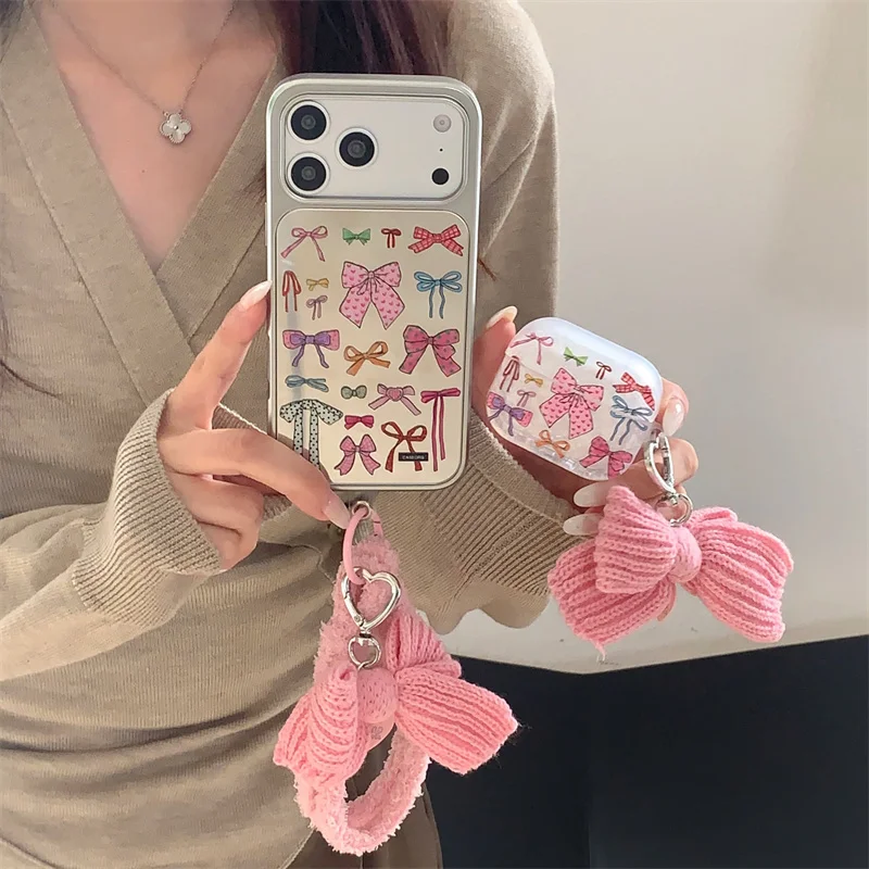 Korean Color Cute Bow Mirror Phone Case For iPhone 17 Pro 16 15 14 Pro Max Cover with Plush Hand Rope Kawaii Cases 17 Promax 16