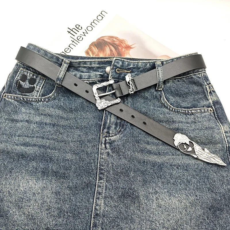 

Регулируемый ремень с резной пряжкой 2000-х годов для брюк, джинсов, привлекательный ремень из искусственной кожи, тонкий ремень с металлической пряжкой, винтажный орнамент на талии