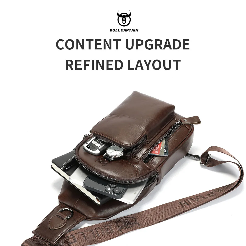 BULLCAPTAIN Men's Genuine Leather Chest Bag Multifunctional Shoulder Crossbody Bag Casual Retro Sports Outdoor Mobile Phone Bag
