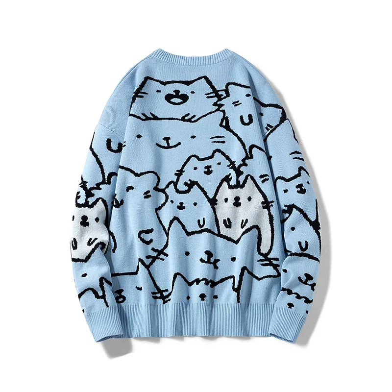 Autumn Cotton Anime Sweaters Men Retro Harajuku Vintage Oversized Sweaters Loose Cute Cartoon Cat Pullovers Homme Men Clothing