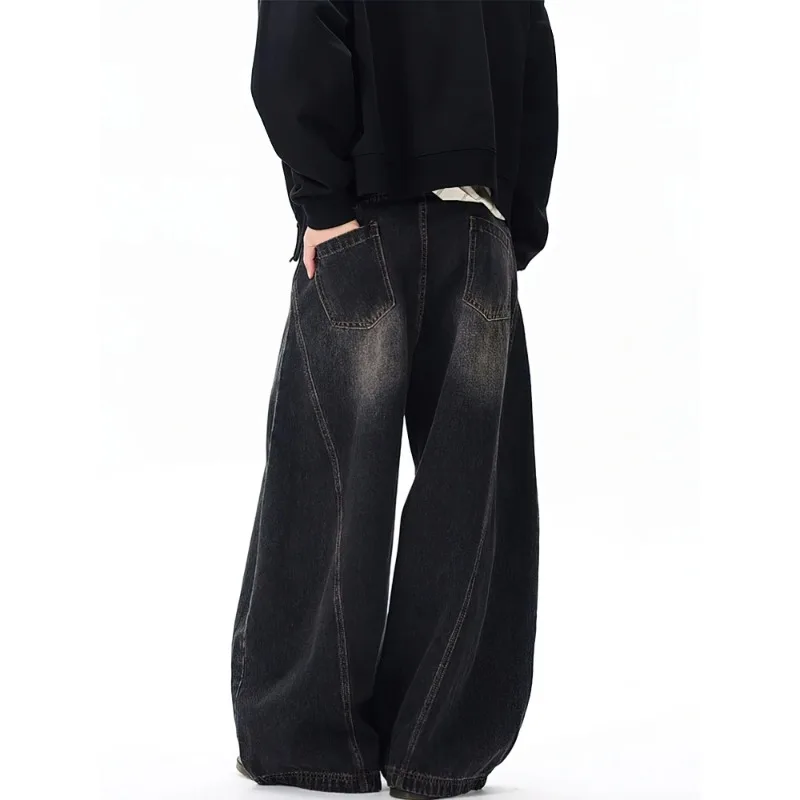 Vintage Black Washed Baggy Jeans Pants Men Wide leg Curved Blade Pants Streetwear Cowboy Casual Denim Straight Trousers