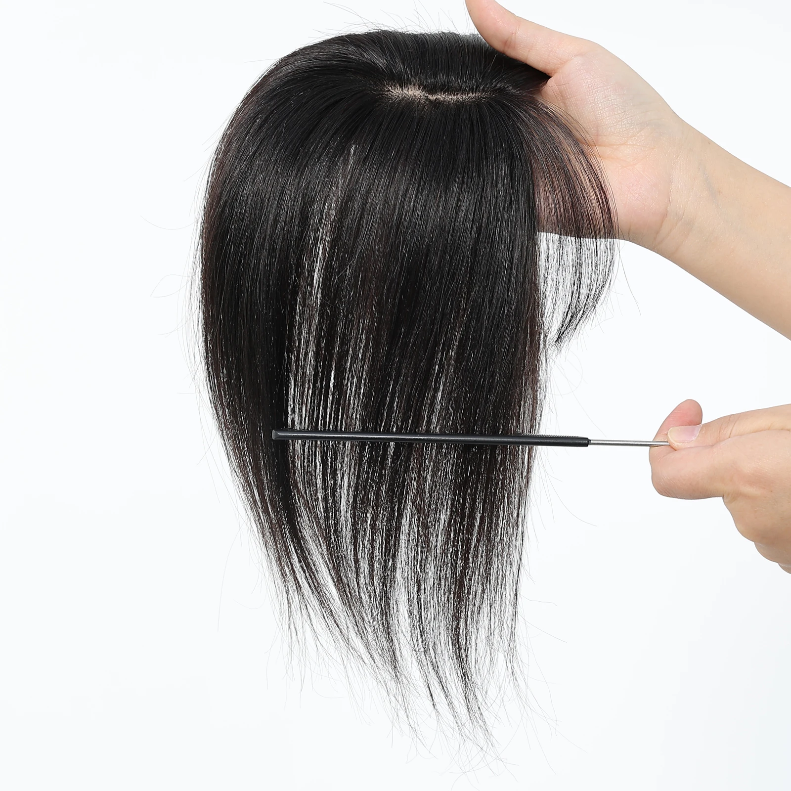 Rambut Asli Remy Hitam 10 Inci dengan Alas Sutra dan Poni, 3 Jepitan, untuk Wanita, Ekstensi Rambut Asli untuk Penggunaan Sehari-hari dan Pesta