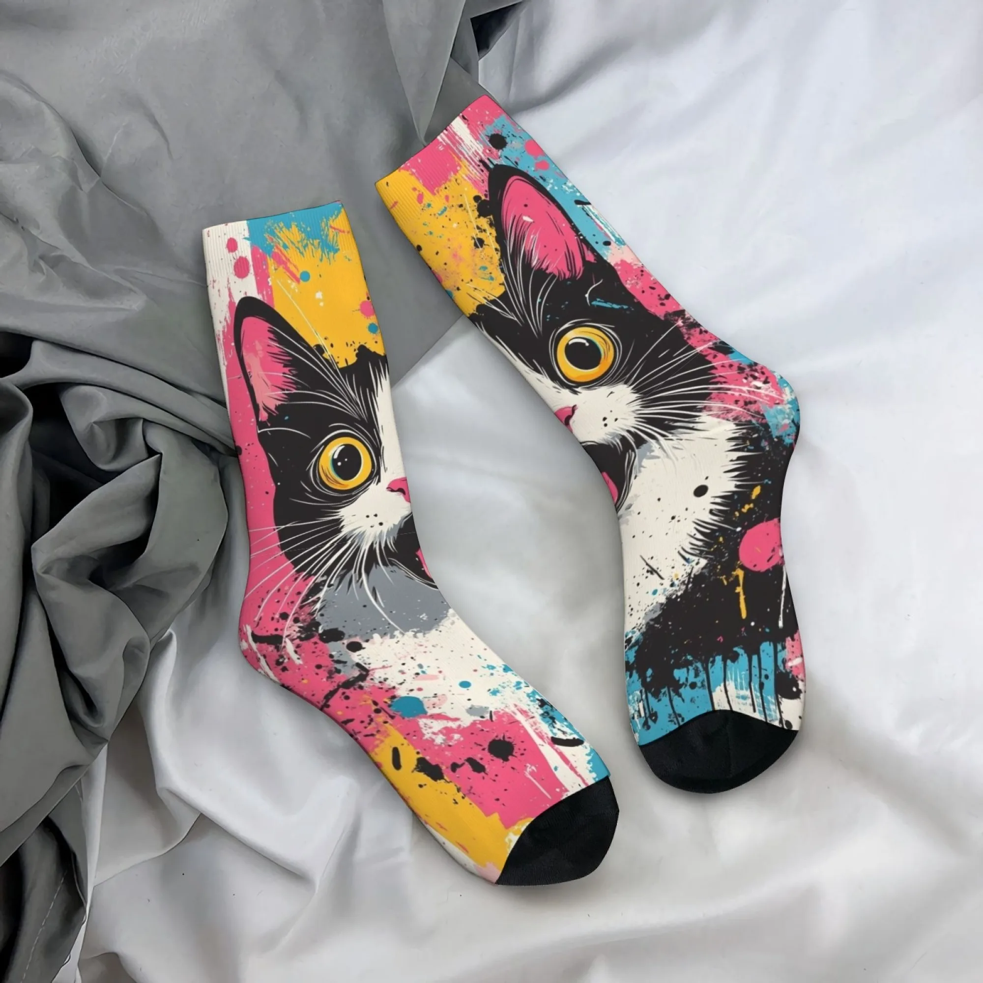 Colorful Graffiti Cat Socks Harajuku Style Novelty Funny Men's Socks Breathable Non-Slip Outdoor Casual Sports Hip-Hop Socks