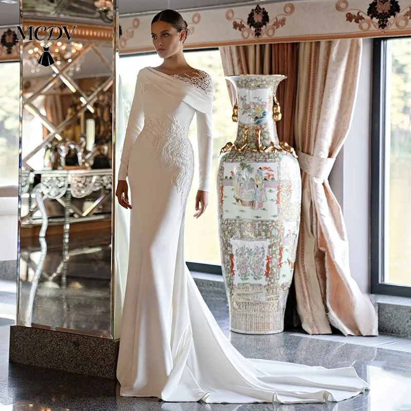 

MCDV Saudi Arabic Wedding Dress Long Sleeves Scoop Neck Beads Applique Court Train Mermaid Muslim Bridal Gown Customized