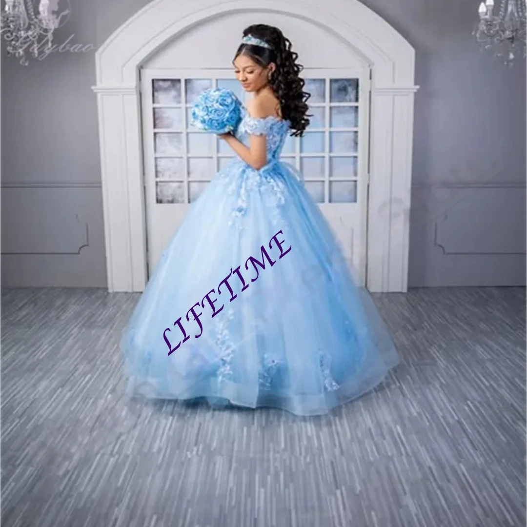 

CustomizedSky Blue Elegant Flower Girl Dress For Wedding Drop Shoulder Long Bridesmaid Outfit Children's Birthday Event Photogra