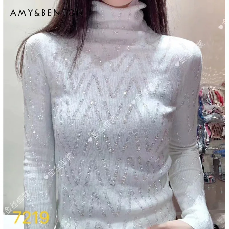 

Candy Color Diamond Drills Bottoming Shirt Knitwear Women's Turtleneck Pile Collar Vertical Bar Rhinestone Wool Slim-Fit Sweater