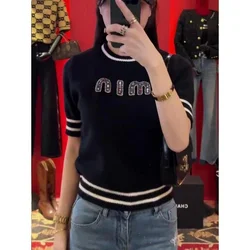 2024 Spring Summer New Rhinestone Letter Women's Short Sleeve Miu Knit Shirt Black Off-White French Miu Style Knit Pullover