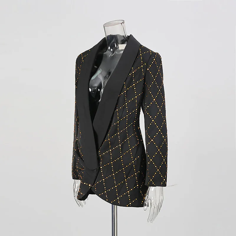 HKSH Herfst Nieuwe Vrouwen Blazer Zware Ambachtelijke Bezaaid Kleurrijke Diamanten Geplooide Socialite Stijl Luxe Ins Korte Formele Jurk HK11099