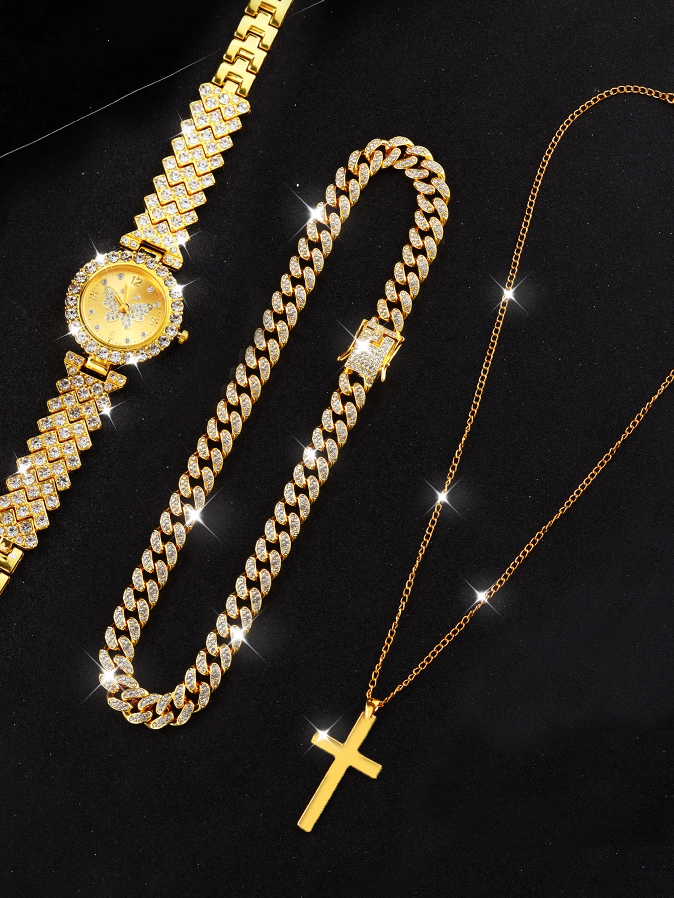 Gold diamond-filled Butterfly ladies quartz watch with a cross Cuban chain gift party set