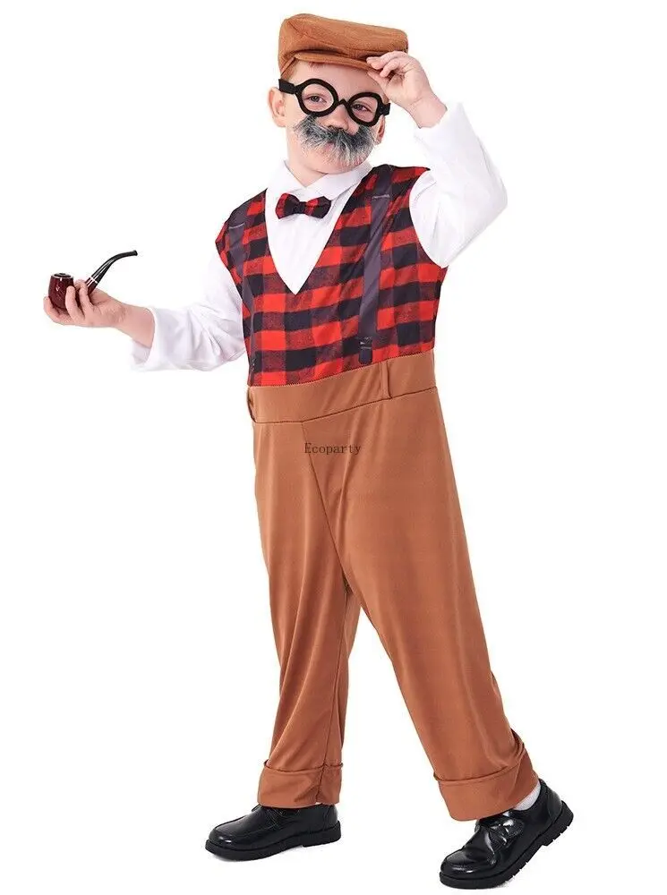 Vovô Little Old Man Cosplay Costume para Crianças, Fantasia, Festa de Halloween, Carnaval, Meninos, 100 Dias de Escola