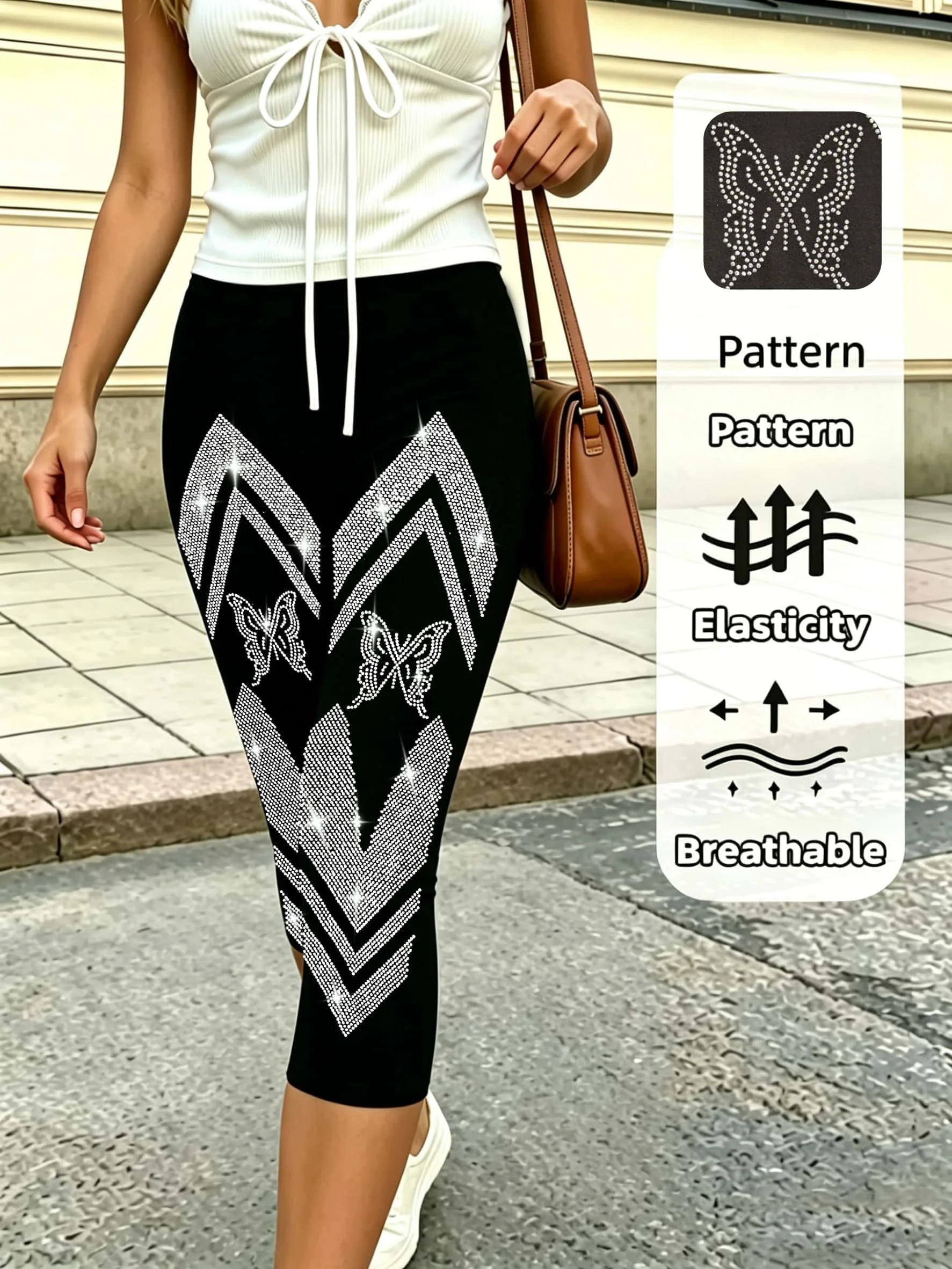 Schwarze Damen-Capri-Leggings mit Schmetterlingsdruck und Strass, hochelastische, atmungsaktive Trainingshose für Party-Street-Style – Detail 3