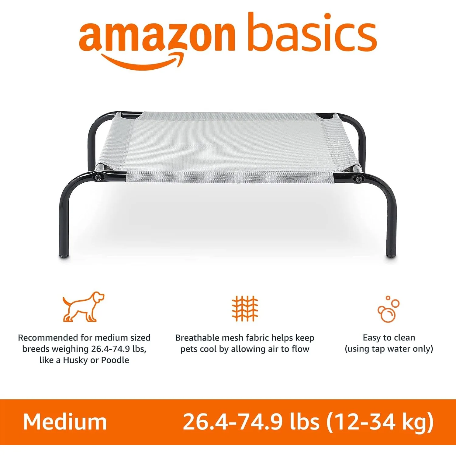 Amazon Basics Cooling Elevated Dog Bed with Metal Frame, Medium, 43 x 26 x 7.5 Inch, Grey