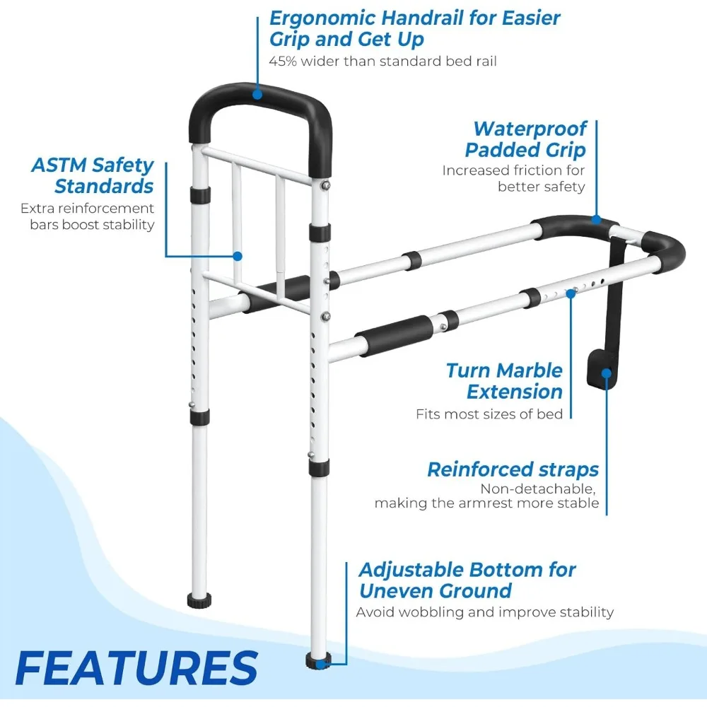 Adjustable Bed Safety Rail for Elderly - ASTM Certified 350LB Capacity, Non-Slip Grip, Tool-Free Assembly Fits Twin to King Beds