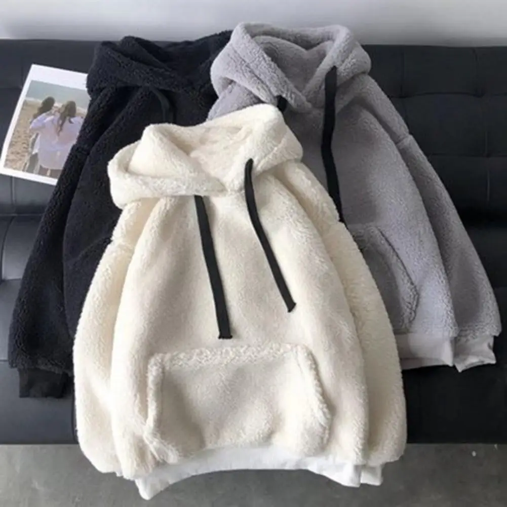 Women Winter Hoodie Solid Color Hooded Long Sleeves Drawstring Patch Pocket Keep Warm Plush Pullover Casual Autumn Hoodie