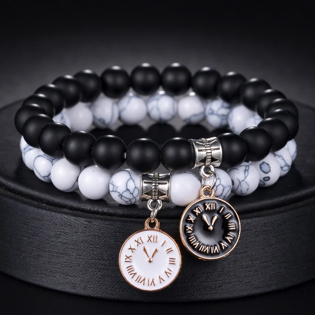 MeMolissa 2pcs/Set Clock Design Natural Stone Beaded Bracelet White Turquoise Bracelets for Men Women Couple Charm Jewelry Gifts
