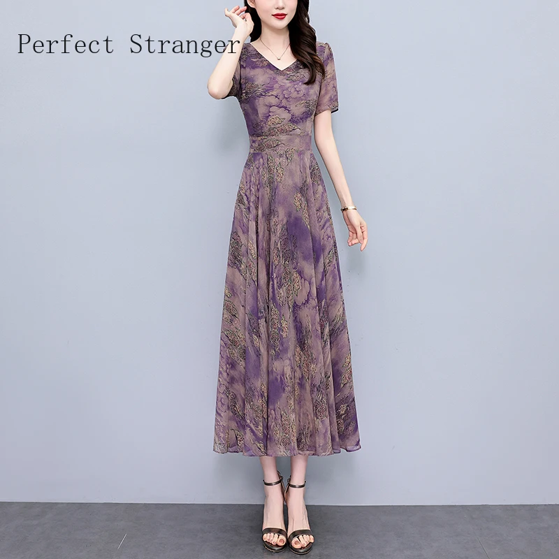 2024 M-5XL Vintage Print  Casual Chiffon Maxi Robe Summer Luxury Chic Prom Party Dress Women Elegant Bodycon Night Long Vestidos