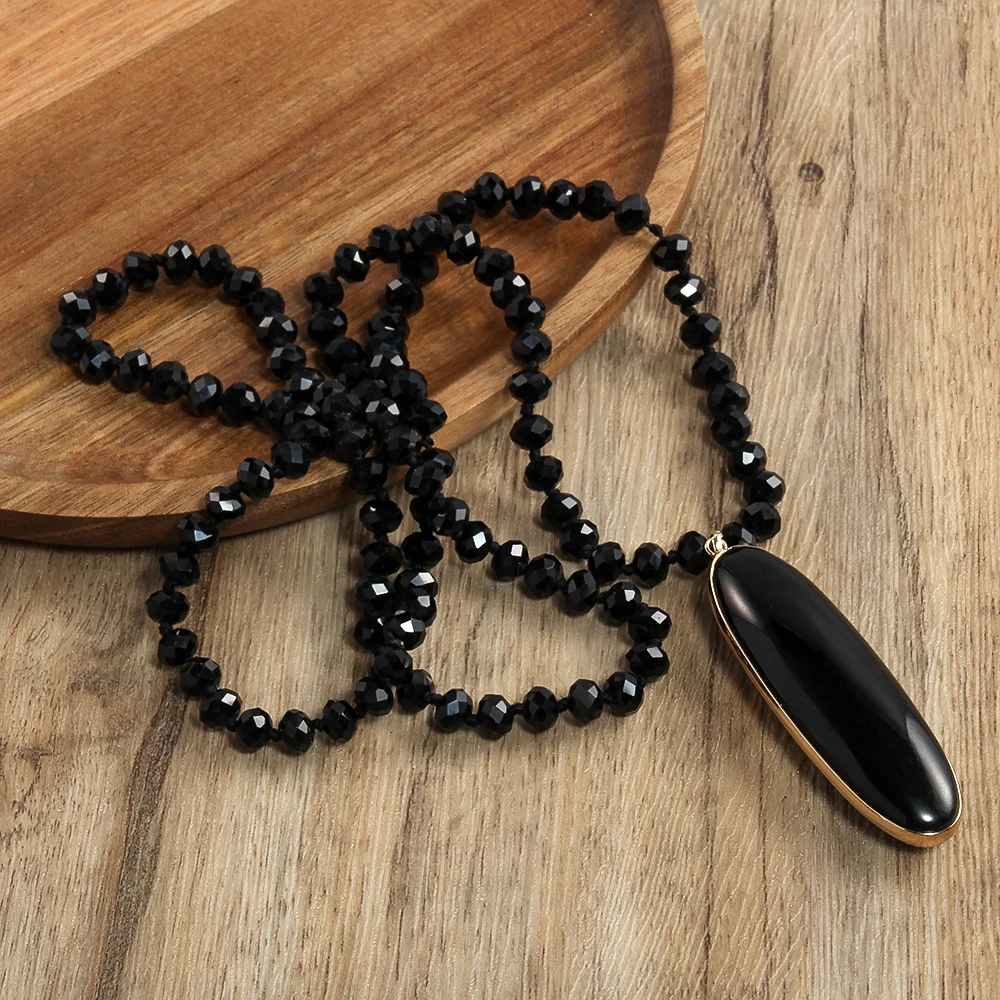 8mm Black Glass Knot Necklace Fashionable New Black Oval Agate Pendant Necklace Sweater Chain