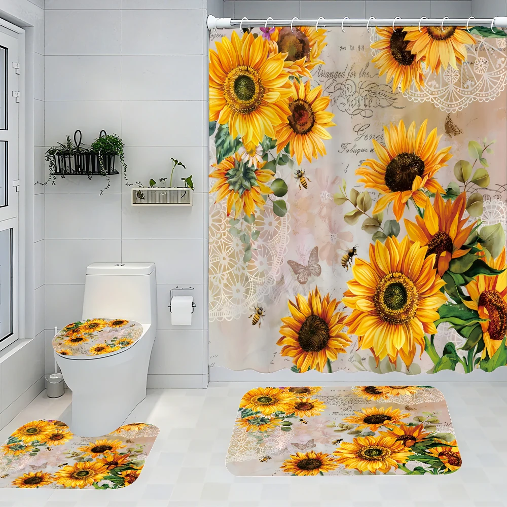 

4pc Sunflower shower curtain, two-dimensional flat printing. Bathroom partition curtains, home decoration, modern home Windows